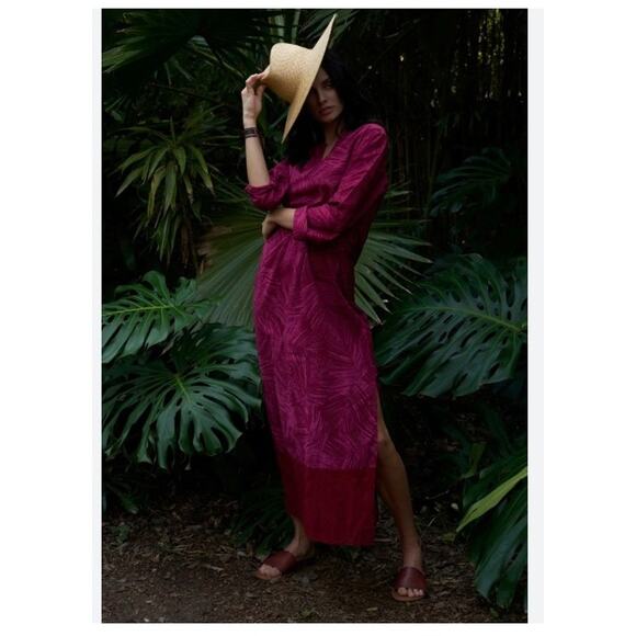 ocean + main S/M Cotton Maxi Dress Long Sleeve V-Neck Botanical Maroon Cover Up - Picture 1 of 6